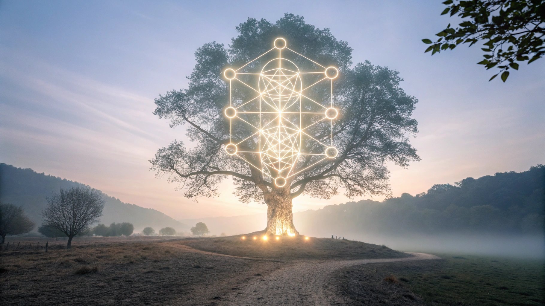 A majestic tree with the glowing Kabbalistic Tree of Life, symbolizing Judaism reincarnation beliefs 