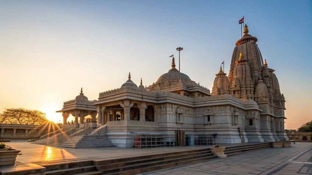 A magnificent Hindu temple at sunrise, symbolizing Hindu reincarnation