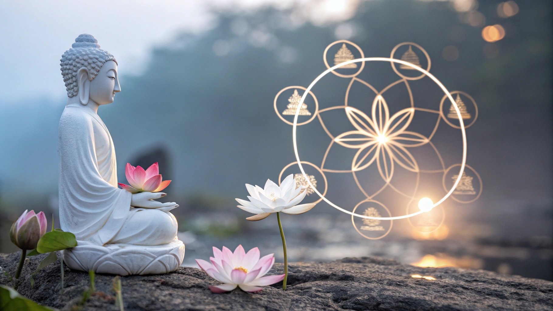 Eine ruhige Buddha -Statue mit einem leuchtenden Lotus und einem symbolischen Rad, das den Zyklus der Wiedergeburt in der Hindu -Reinkarnation darstellt.