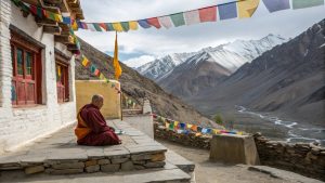 En tibetansk munk mediterar i bergen och förbereder sig för Chikhai Bardo.