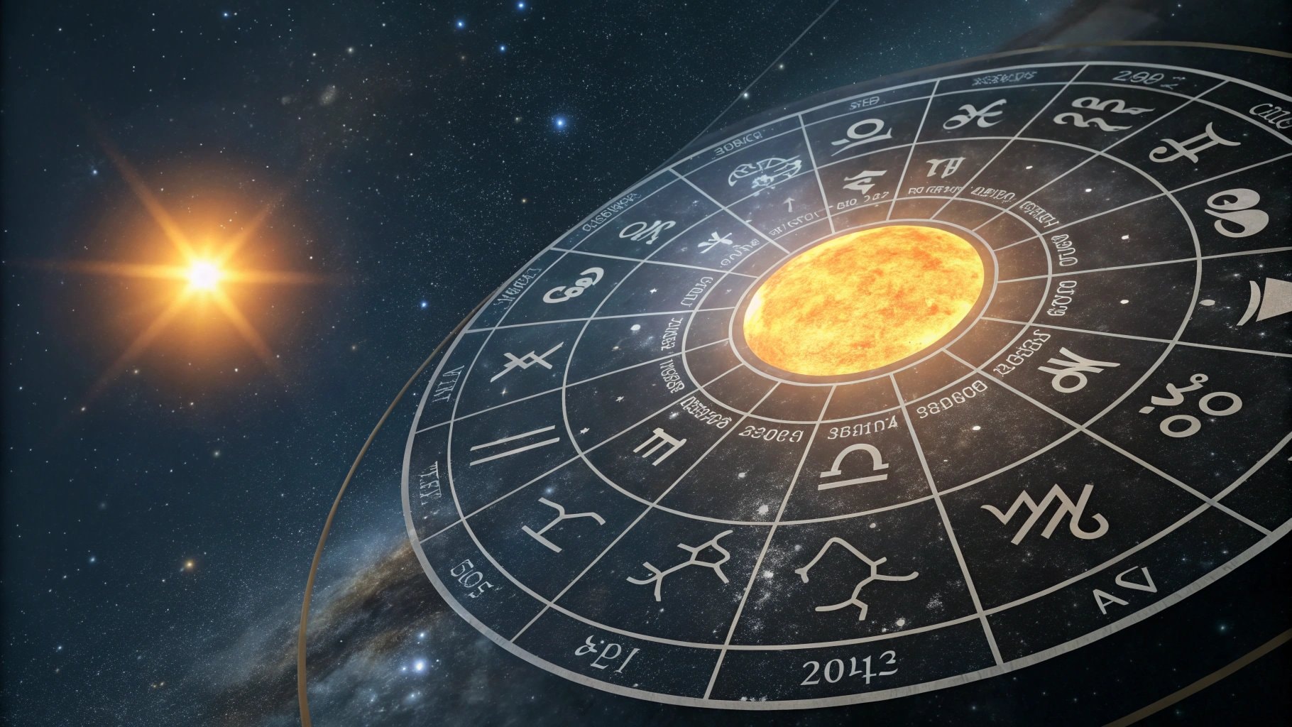 Il sole posizionato su una ruota zodiacale, segnando l&#39;inizio della stagione dell&#39;Acquario 