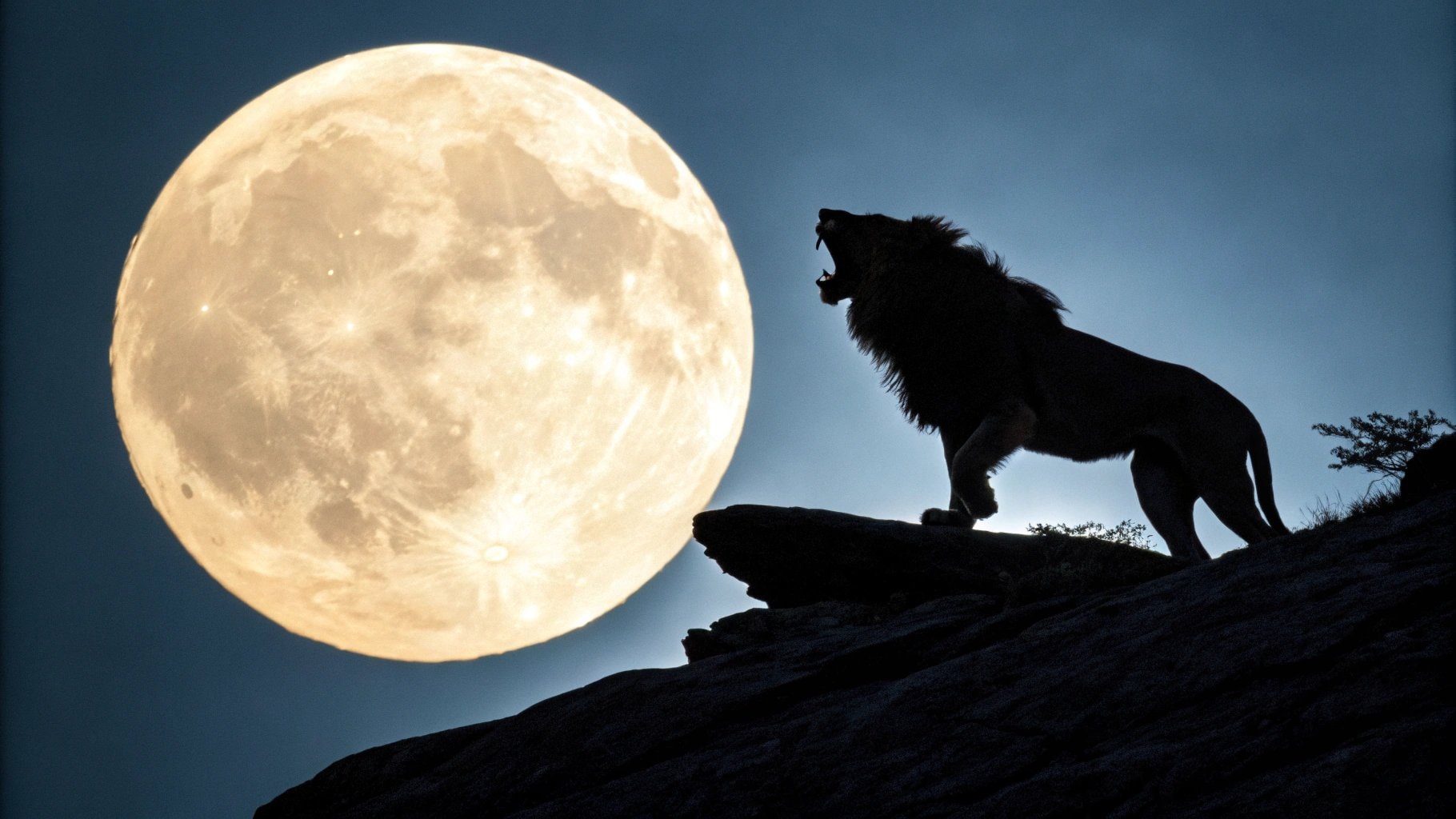 Un león rugiente siluado por una luna llena, simbolizando el inicio de la temporada de Acuario 