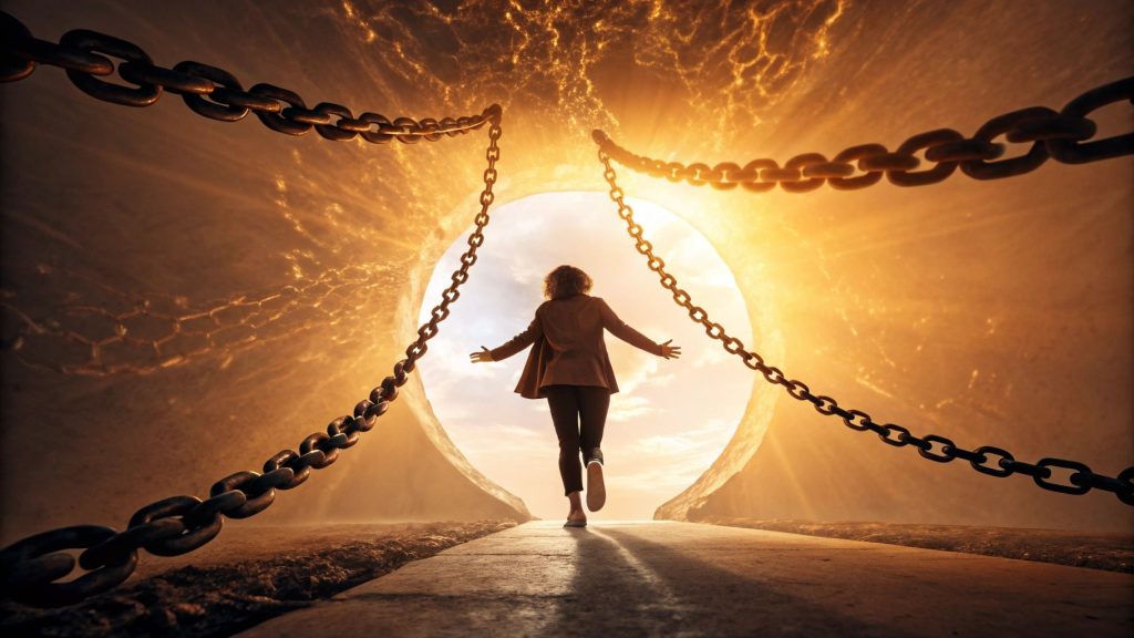 A person stepping into a glowing portal with broken chains around them, symbolizing freedom from karmic debt