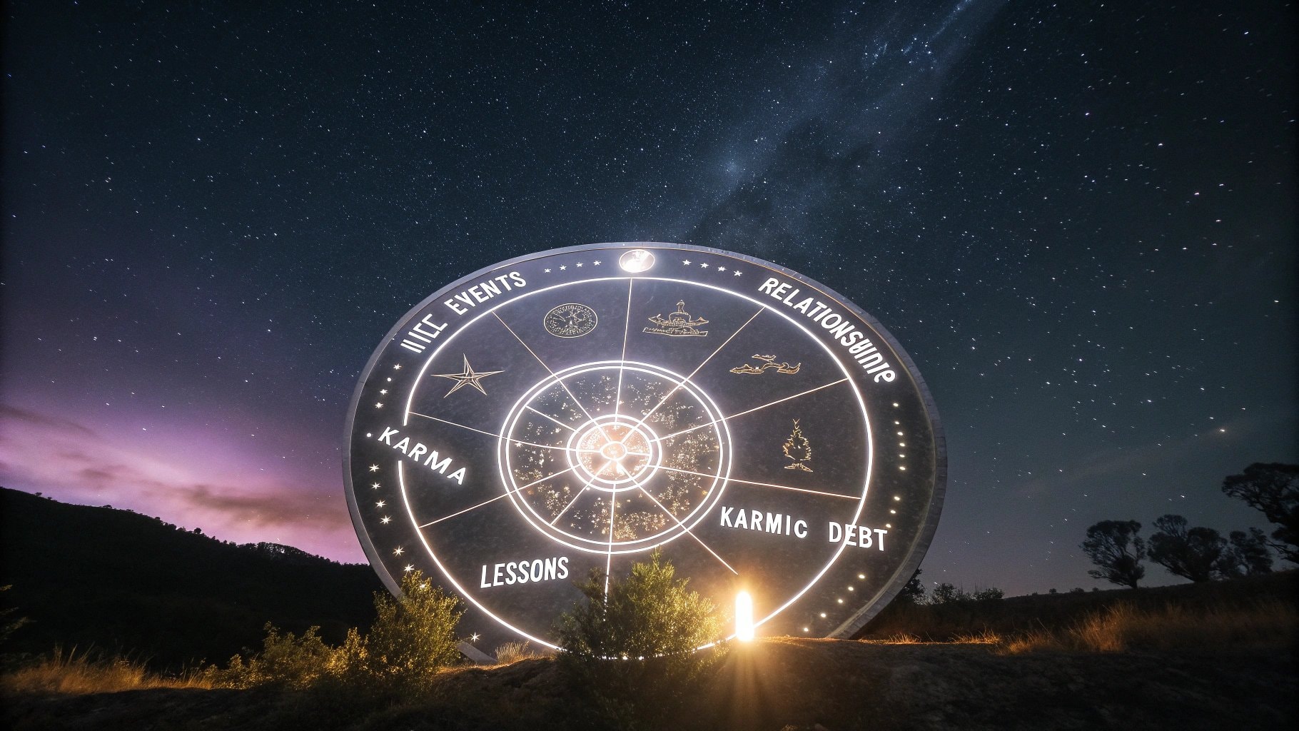 A large illuminated wheel under the night sky displaying karma, relationships, and life lessons, representing the cycle of karmic debt