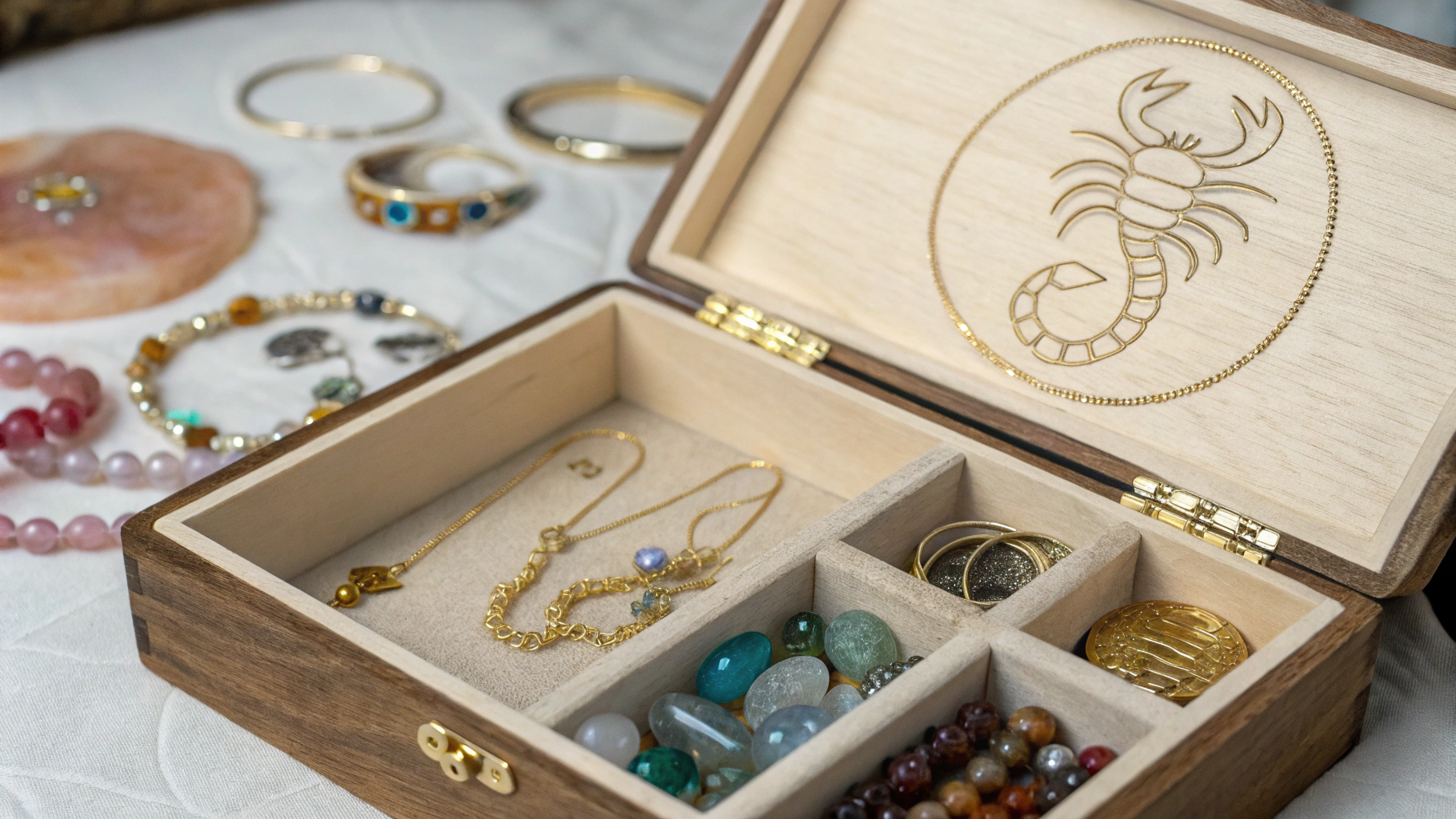 Kristallen en edelstenen die 23 oktober een sterrengeboortestenen vertegenwoordigen